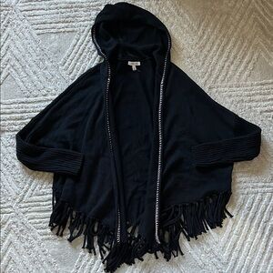 Johnny was Hooded Fringe Knit Poncho - Black